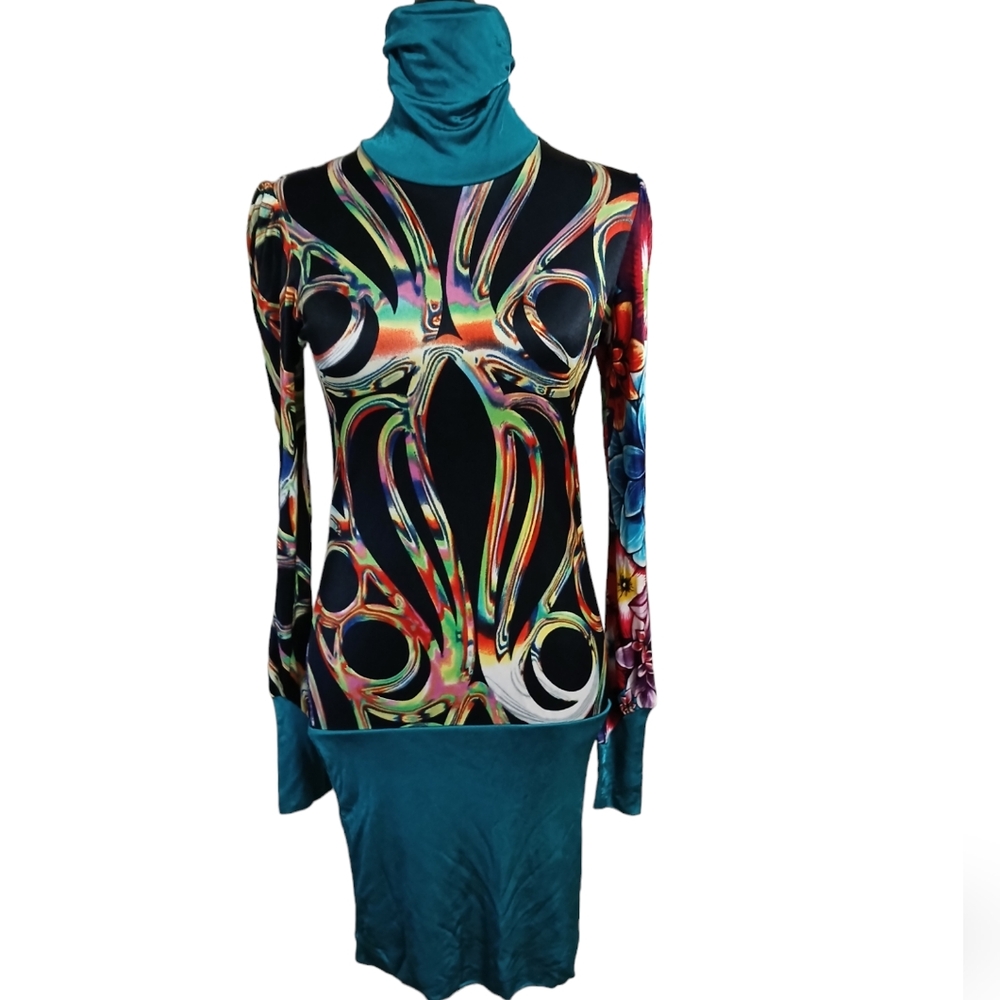 Custo Barcelona Teal Multicolor Abstract Long Sleeve Dress